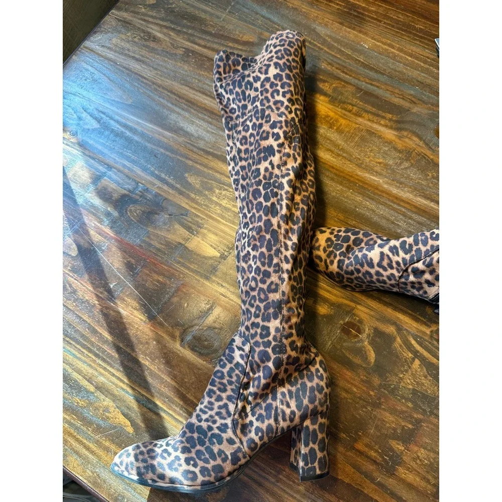 Marc Fisher‎ Leopard Print Over The Knee Block Heel Boots Brown Tan Woman's 8M